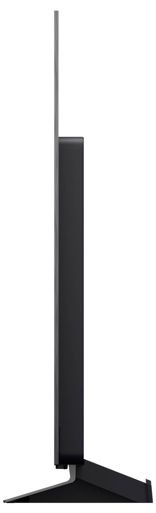 Moniteur écran plat noir élégant présenté en profil latéral sur un support avec un cadre vertical fin et une base inclinée.