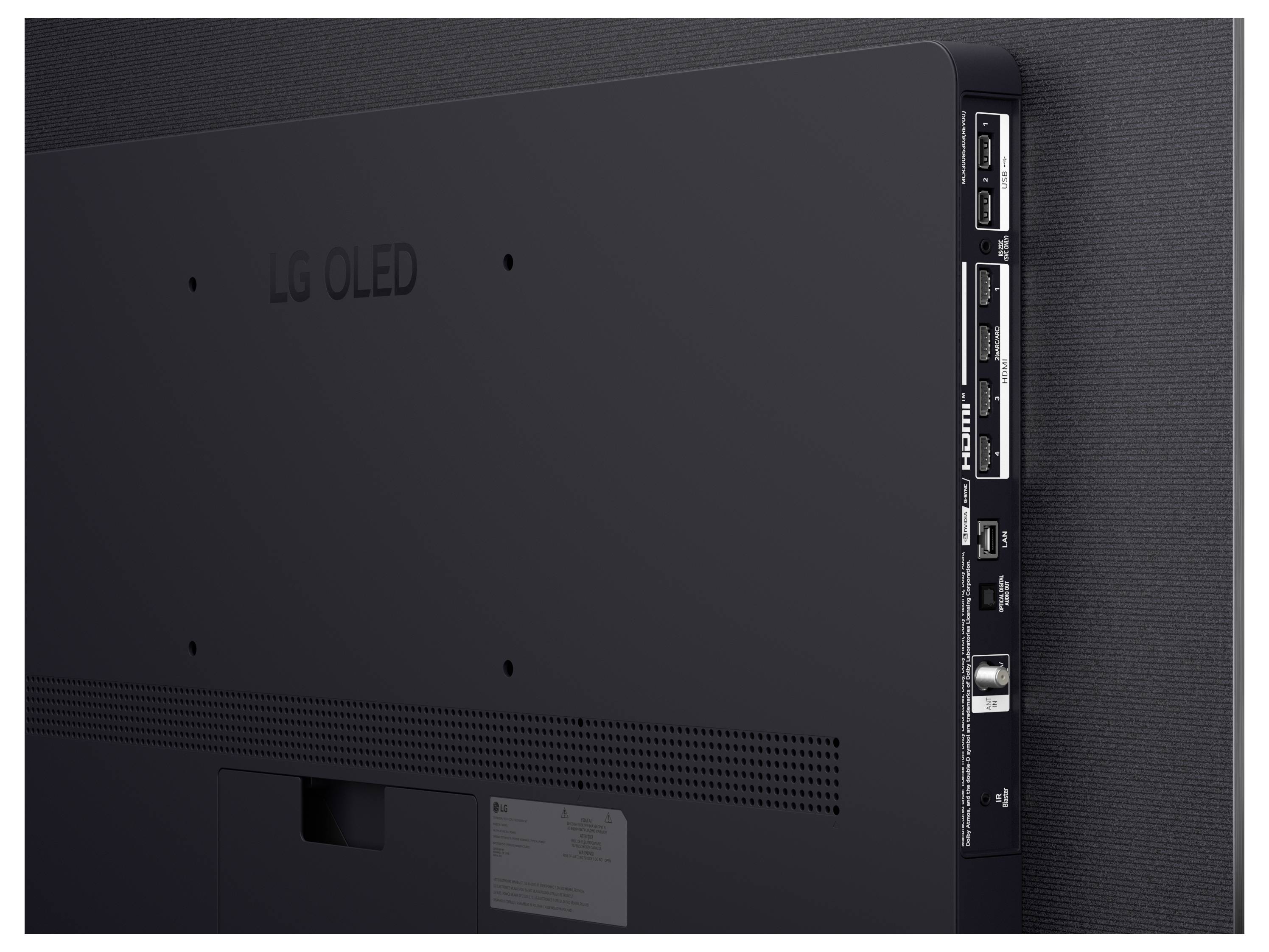 Vue arrière d'un téléviseur OLED LG montrant le panneau arrière, les fentes de ventilation, les points de montage et les ports latéraux.