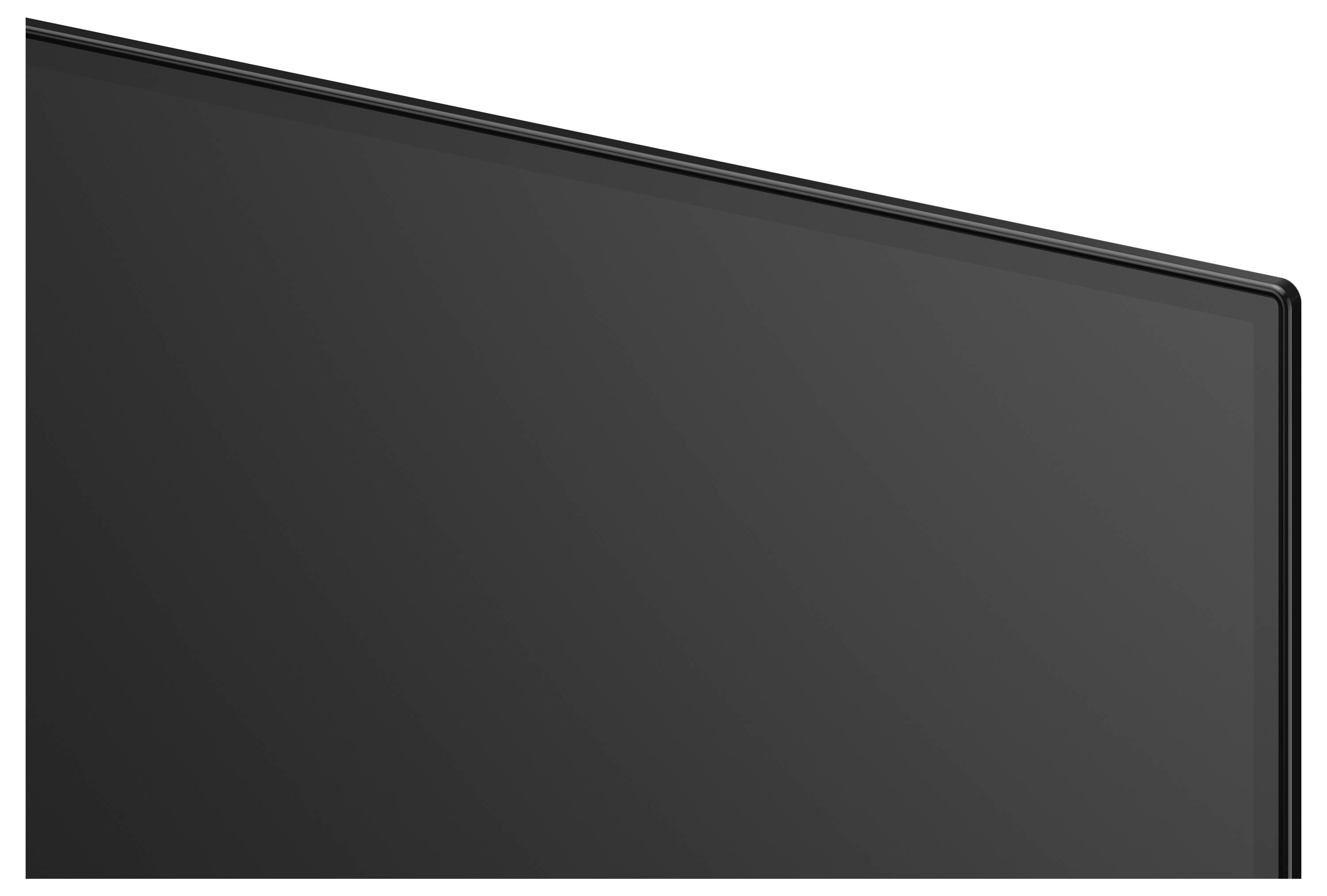 Écran ou moniteur rectangulaire gris foncé vide avec un cadre noir fin, montré en angle.