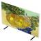 Un téléviseur affichant un tableau de nature morte représentant un panier de fruits ou pain jaunes et marrons sur un fond pâle.