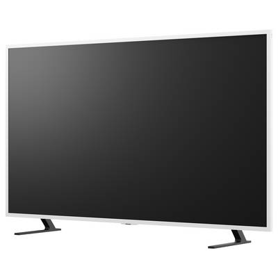 Téléviseur écran plat avec un écran noir vierge sur deux pieds de support, isolé sur fond blanc.
