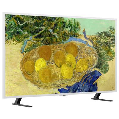 Un téléviseur affichant un tableau de style Van Gogh représentant un panier en osier rempli de fruits jaunes et oranges, avec des branches d'arbres au-dessus.