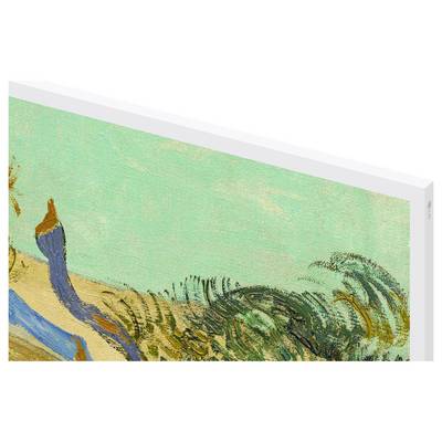 Œuvre d'art abstraite texturée avec des coups de pinceau amples en bleu-vert, beige, bleu et vert sur un bord de toile blanche.