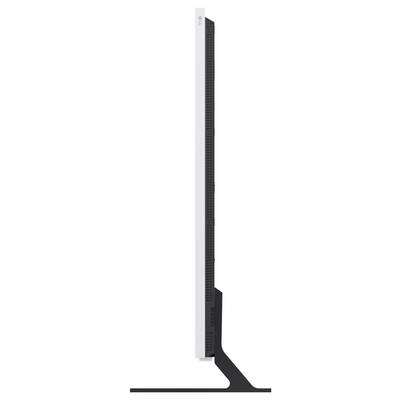 Appareil vertical noir mince ou support de montage avec un panneau avant blanc et un socle à base inclinée sur un fond uni.
