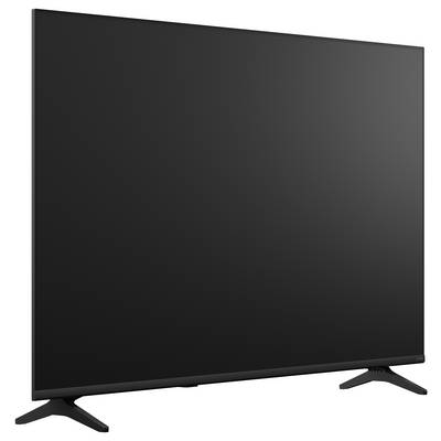 Téléviseur à écran plat noir sur un socle, présenté en angle sur un fond blanc.