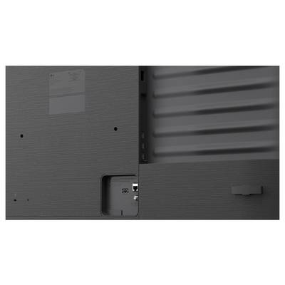 Arrière d'un téléviseur à écran plat avec un panneau d'entrée encastré, des fentes de ventilation et des trous de montage
