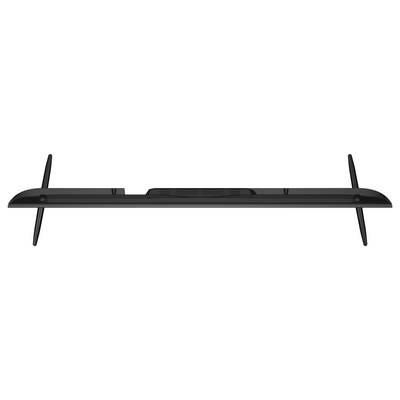 Téléviseur noir à écran plat montré de profil avec un profil fin et deux pieds de support inclinés, mettant l'accent sur son design élancé.