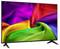 Téléviseur écran plat affichant un graphique tourbillon arc-en-ciel vibrant sur l'écran, présenté sur un support contre un fond blanc.