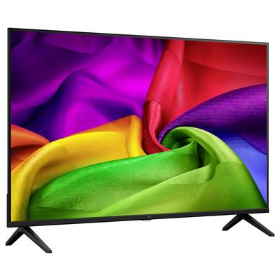 Téléviseur à écran plat affichant une image de tourbillon arc-en-ciel vivant sur un support noir, présenté de face sur un fond blanc.