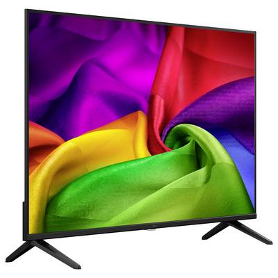 Téléviseur écran plat affichant un motif abstrait aux couleurs vives de l'arc-en-ciel ressemblant à de la soie sur un fond blanc, avec les pieds du support noir visibles.