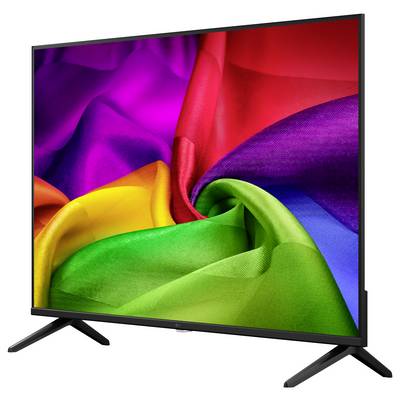 Téléviseur écran plat affichant un tourbillon arc-en-ciel vibrant sur l'écran, présenté sur un support contre un fond blanc.