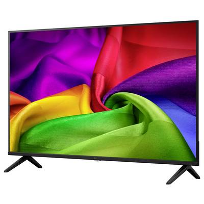Téléviseur à écran plat affichant des tourbillons abstraits colorés ressemblant à du tissu en violet, rouge, vert, bleu, jaune et orange.