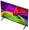 Téléviseur à écran plat avec un motif abstrait multicolore de tourbillon de tissu arc-en-ciel affiché à l'écran, présenté sur un support sur fond blanc.