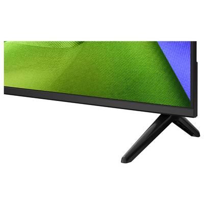 Gros plan d'un coin d'écran plat ou moniteur avec une lunette noire et un support incliné sur un fond blanc.