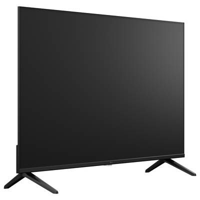 Téléviseur à écran plat noir sur deux pieds de support inclinés, présenté sur fond blanc.