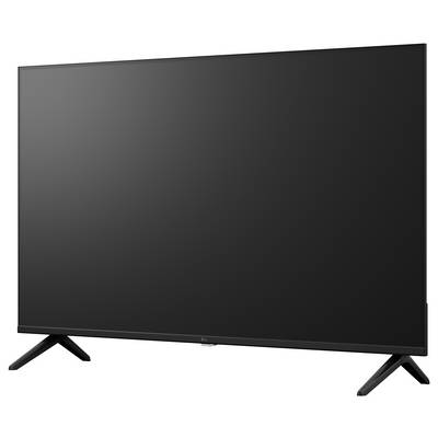 Grand téléviseur à écran plat avec un écran noir vierge sur deux pieds inclinés, présenté sur fond blanc.