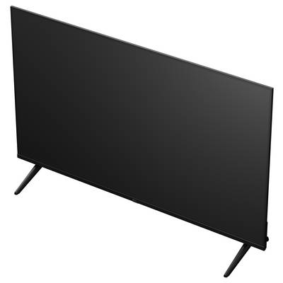 Téléviseur à écran plat noir sur deux pieds de support inclinés, présenté sur un fond blanc.
