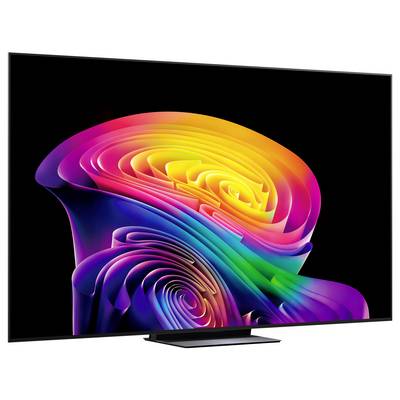 Téléviseur à écran plat affichant une spirale abstraite colorée et tourbillonnante sur un fond noir.