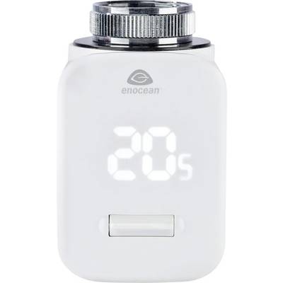 Vanne thermostatique intelligente EnOcean blanche affichant 20,5°C avec un bouton d'ajustement argenté sur le dessus.