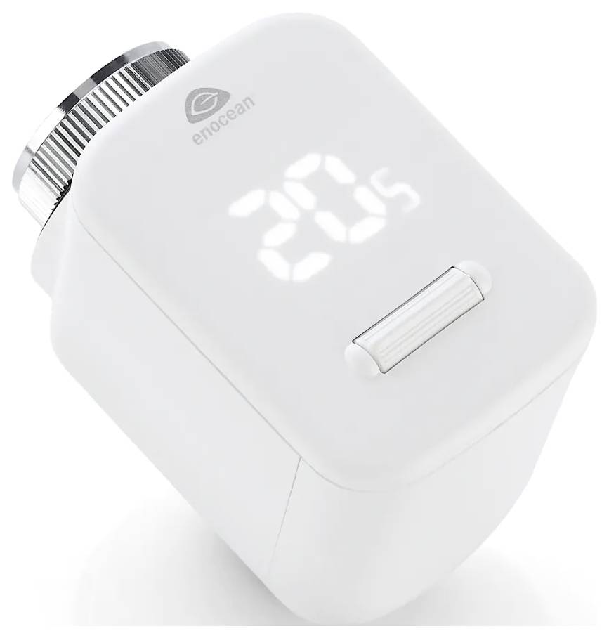 Contrôleur de vanne de thermostat intelligent White EnOcean affichant un écran de température numérique de 20,5 °C et un cadran d'ajustement.
