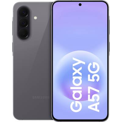 Smartphone Samsung Galaxy A57 5G présenté de face et de dos, avec des caméras arrière triple et un écran violet-bleu étiqueté « Galaxy A57 5G ».