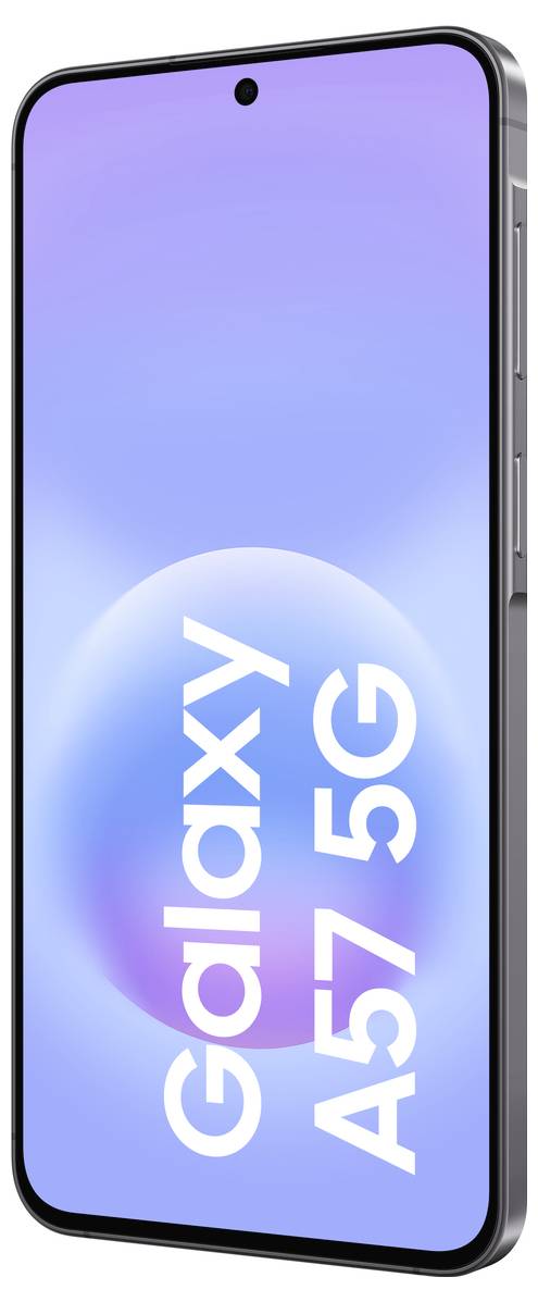 Smartphone Samsung Galaxy A57 5G présenté en vue de face avec un écran bleu-violet et un appareil photo poinçonné centré.