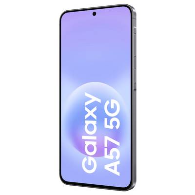 Smartphone Samsung Galaxy A57 5G présenté en vue de face avec un écran bleu-violet et un appareil photo poinçonné centré.