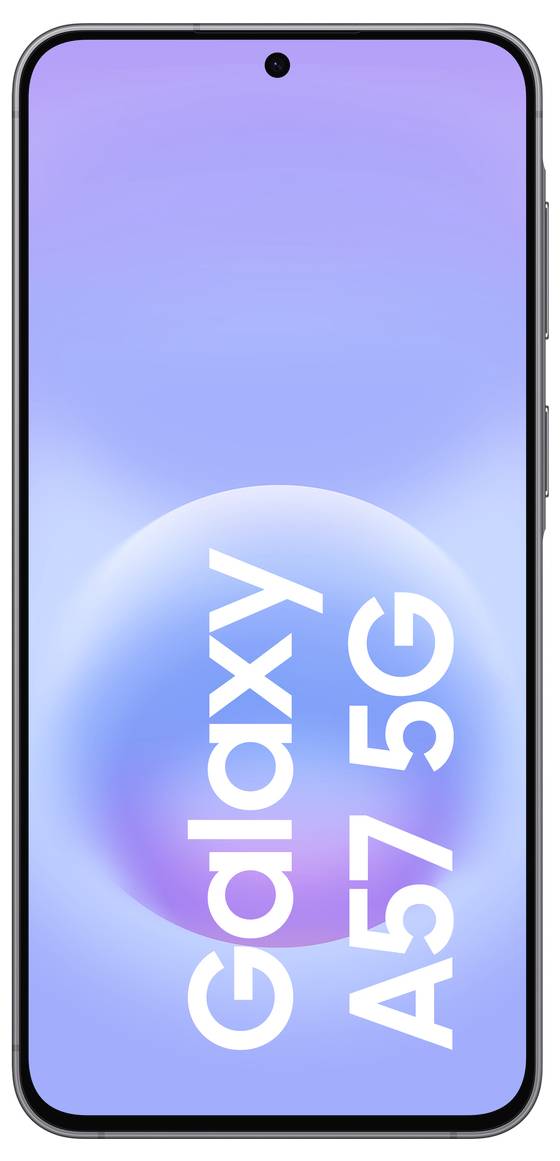 Smartphone Samsung Galaxy A57 5G présenté de face avec un écran bleu-violet et un appareil photo découpe centrée.
