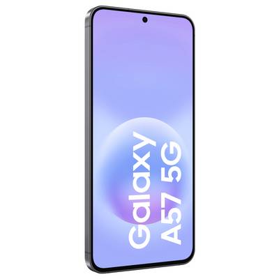 Maquette de smartphone montrant l'avant d'un Galaxy A57 5G avec un écran dégradé violet-à-bleu et une caméra poinçonnée centrée.