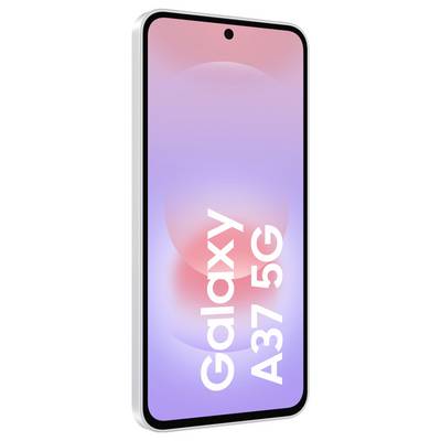 Vue de face d'un smartphone Samsung Galaxy A57 5G avec un écran dégradé violet-bleu affichant le logo 'Galaxy A57 5G' verticalement.