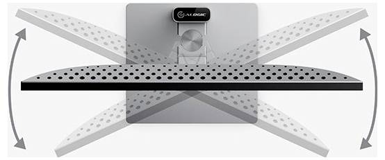 Schéma d'un bras de support de moniteur montrant une plateforme perforée qui s'incline et pivote dans plusieurs directions, indiquée par de grandes flèches courbes.
