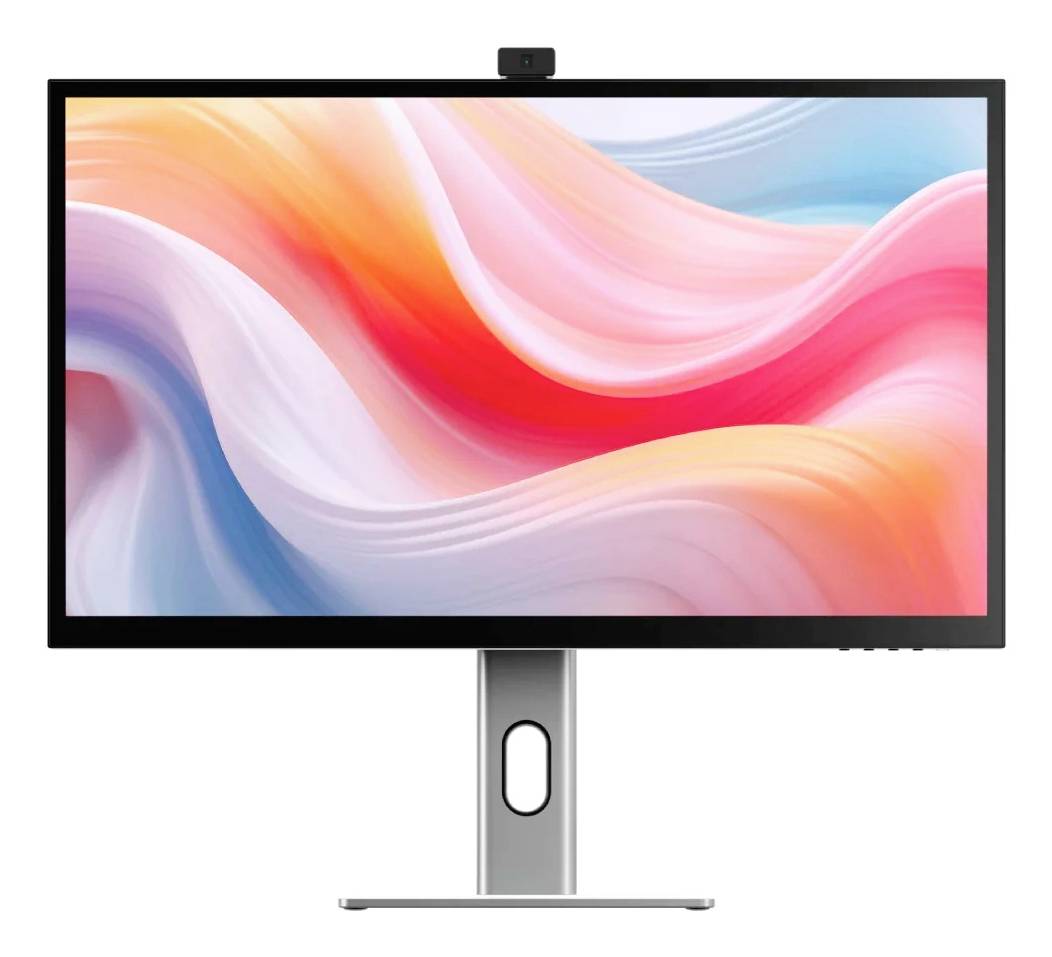Moniteur de bureau moderne doté d'une webcam intégrée et d'un pied réglable, affichant un fond d'écran abstrait coloré avec des vagues roses, orange, bleues et blanches.