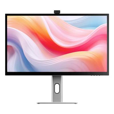 Moniteur de bureau moderne doté d'une webcam intégrée et d'un pied réglable, affichant un fond d'écran abstrait coloré avec des vagues roses, orange, bleues et blanches.