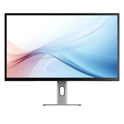 Moniteur informatique à écran plat affichant un fond d'écran abstrait avec des vagues bleu et rose sur un fond blanc, vue de face sur un support.