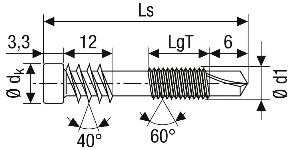 Dessin technique d'une vis montrant les dimensions et les sections de filetage, étiquetées Ls, LgT, dk et d1, avec des annotations d'angles de 40° et 60°.