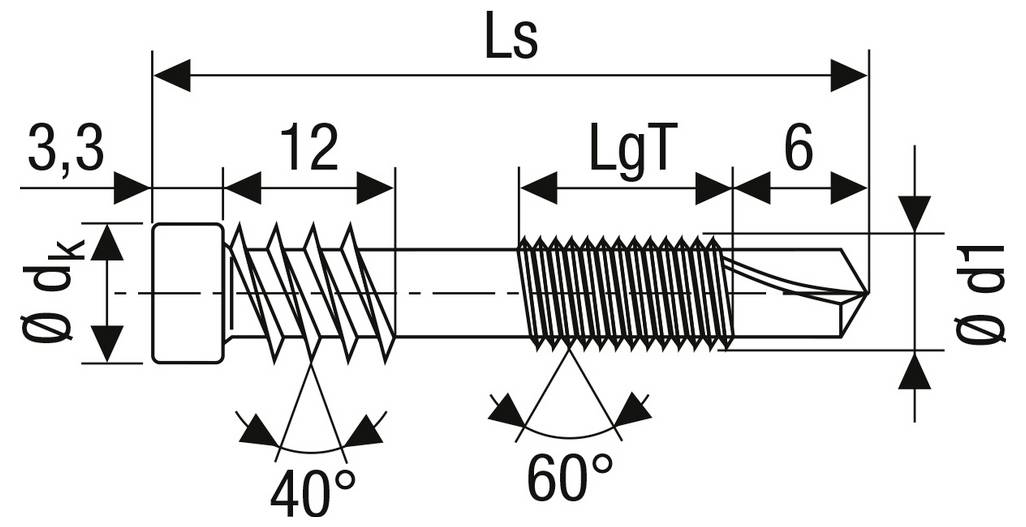 Diagramme technique d'une vis montrant les dimensions et les angles : Ls, LgT, diamètres d1 et dk, longueurs 3,3, 12, 6, et angles de filetage 40° et 60°.