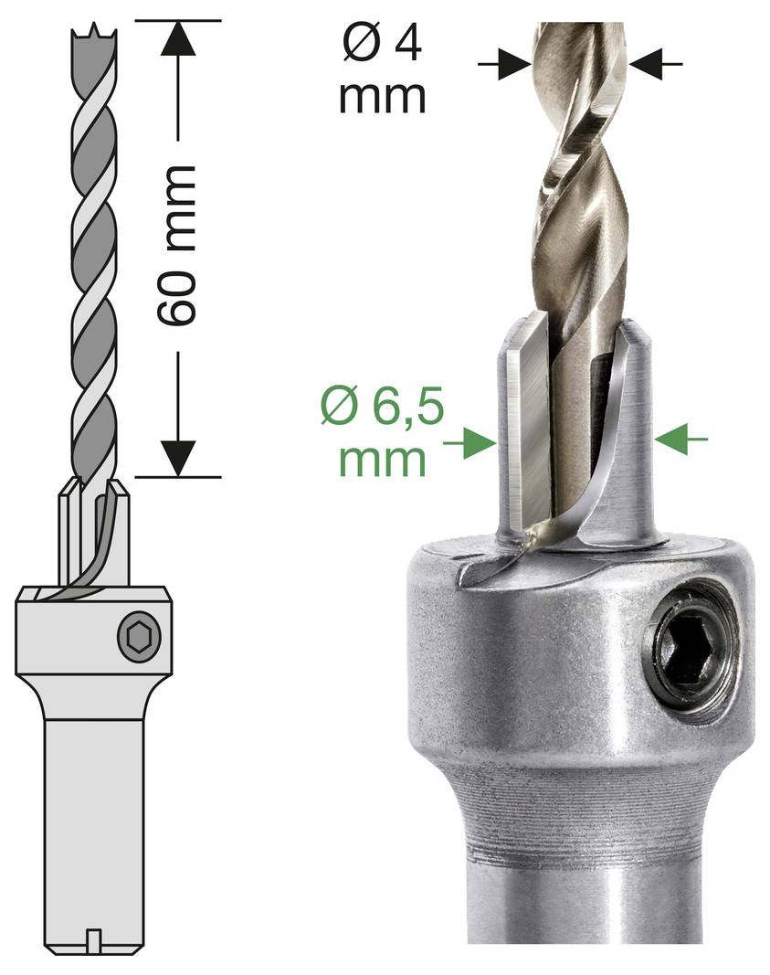 Diagramme d'adaptateur de foret montrant un foret de 4 mm avec une longueur de 60 mm s'insérant dans un porte-foret de 6,5 mm, avec les dimensions indiquées par des flèches.