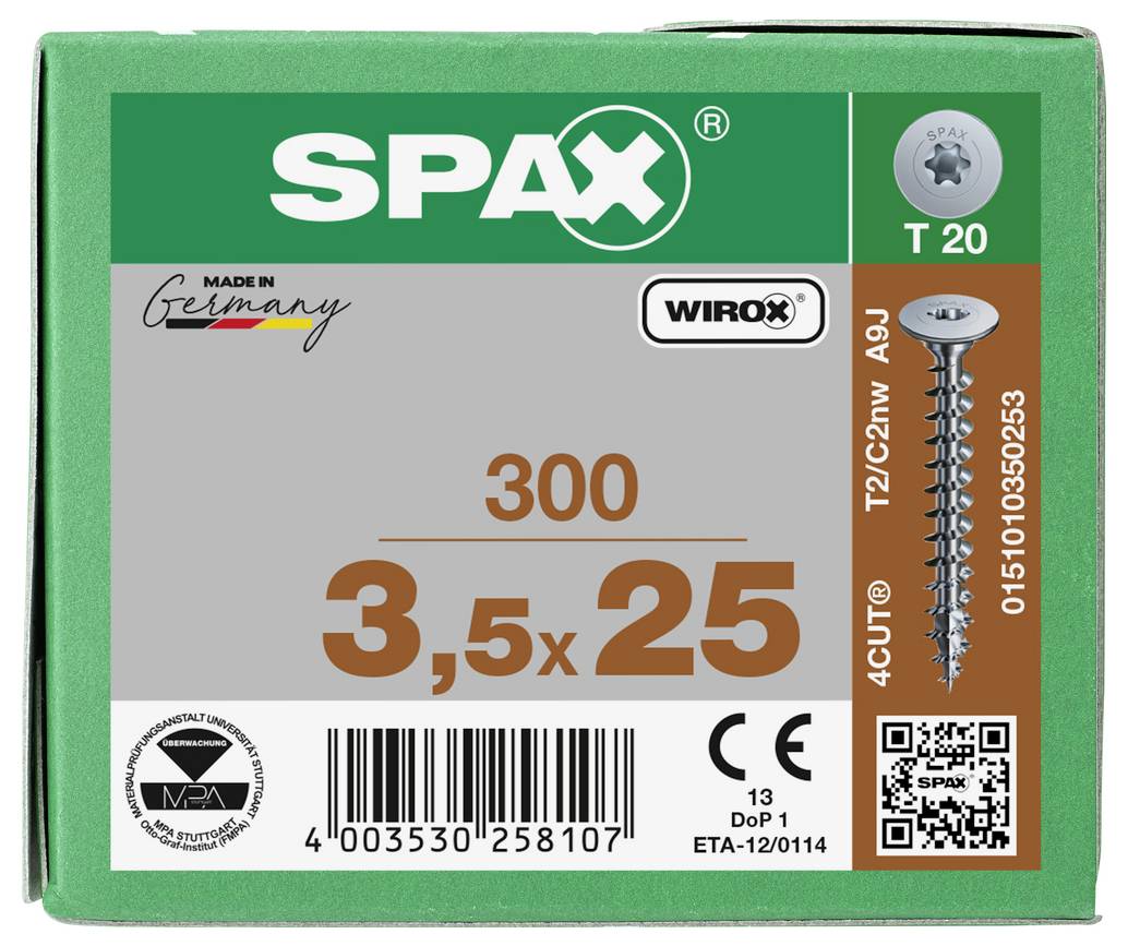 Boîte de vis SPAX 3,5 x 25 mm T20, étiquetée « 300 », avec codes produit, code-barres, code QR et marquage fabriqué en Allemagne.