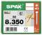 Boîte de vis de construction SPAX étiquetée « 8 x 350 » avec un compte de 50, fabriquée en Allemagne, entraînement T40, et diagramme de vis de 350 mm.