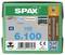 Boîte de vis à bois SPAX étiquetée T25, acier inoxydable A4, 6 x 100 mm, avec code produit, code-barres et code QR.