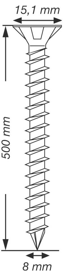 Dessin technique d'une vis à tête fraisée, avec dimensions étiquetées de 15,1 mm de largeur, 500 mm de longueur et 8 mm de largeur de pointe.