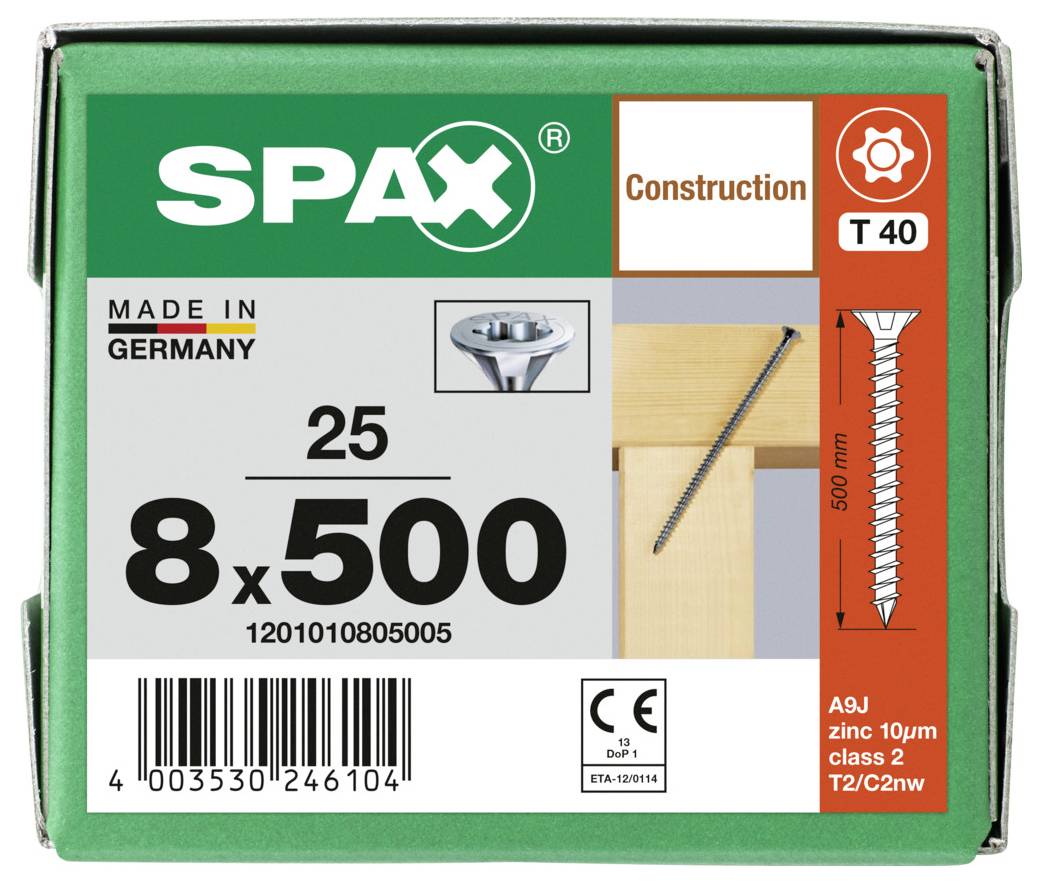 Boîte de vis de construction SPAX verte étiquetée '8x140', 50 pièces, fabriquée en Allemagne, avec image produit et code-barres.
