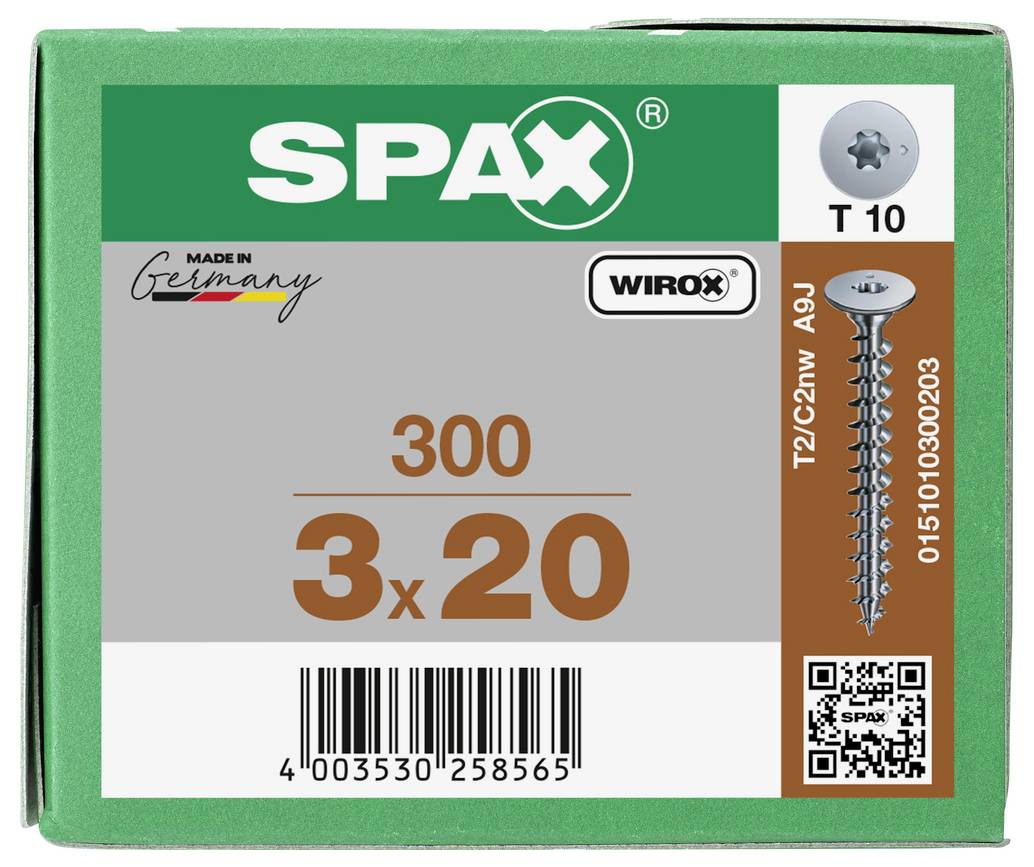 Boîte de vis SPAX étiquetée 3x20, T10, avec image d'une vis et code-barres sur emballage vert.