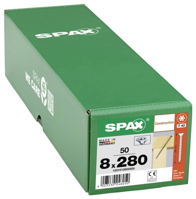 Boîte de vis SPAX verte étiquetée « 8x280 », « 50 », « Fabriqué en Allemagne » et « Construction T40 » sur le devant.