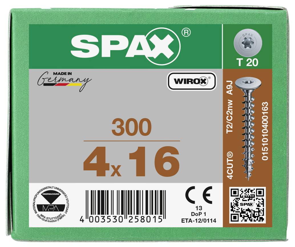 Paquet de vis SPAX étiqueté 4 x 16, T20, 300 pièces, avec code-barres et détails produits sur boîte verte.