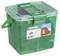 Boîte de rangement en plastique transparent vert avec couvercle transparent et poignée, portant l'étiquette SPAX Stick pro, montrant le contenu des fixations organisées à l'intérieur.