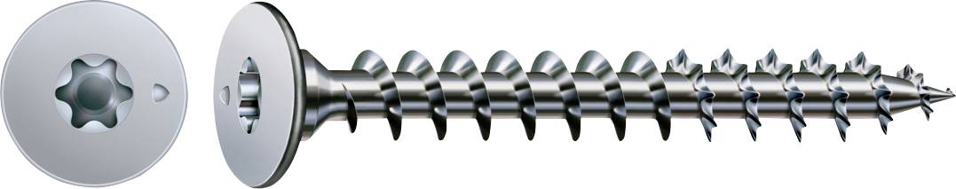 Vis à tête Torx argentée présentée de face et de profil, mettant en évidence son entraînement en forme d'étoile et sa tige filetée.