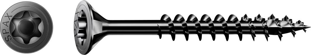 Vis SPAX noire présentée en vue latérale avec un détail de tête circulaire à gauche, mettant en évidence la tige filetée et la pointe acérée.