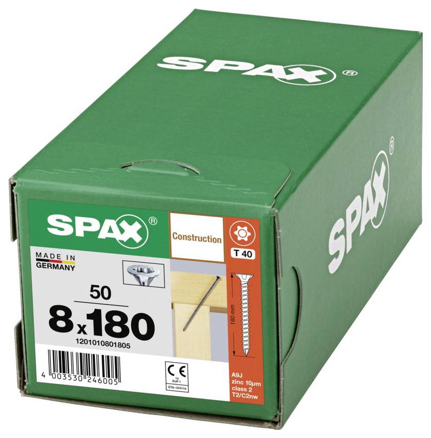 Boîte de vis de construction SPAX vertes étiquetée 8x180, T40, 50 pièces, fabriquée en Allemagne.