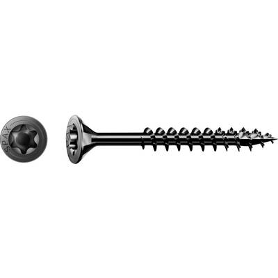 Deux vues d'une vis de fixation SPAX noire, présentées de face et de profil, avec une tige filetée acérée et une pointe pointue.